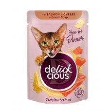 Delickcious паучі для котів 85г*12шт (смужки з лососем та сиром в крем-супі)1