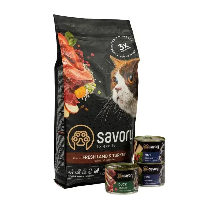 Savory корм холистик для кішок з чутливим травленням 2кг (ягня і індичка) + консерви 3*200г2