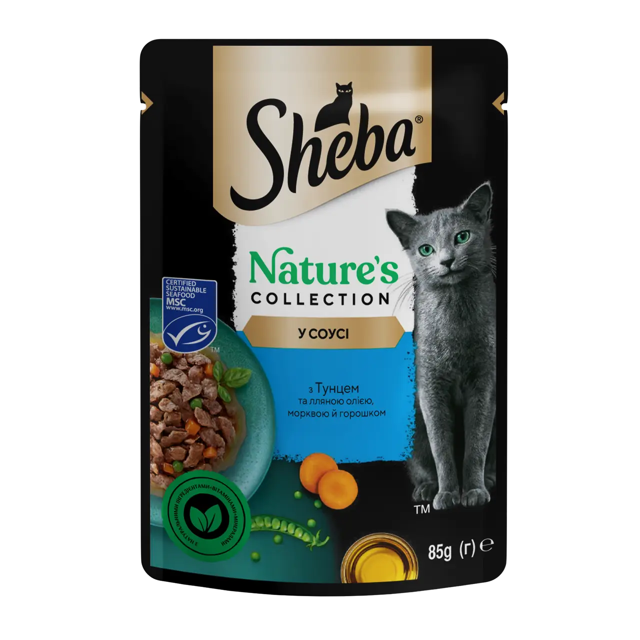 Sheba Nature`s Collection беззернові паучі для кішок 85г*21+7шт (тунець, лляна олія, морква та горошок в соусі)4