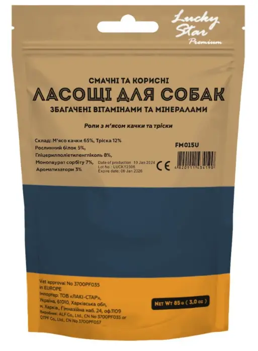 Lucky Star мини роли з м'ясом качки та тріски для собак 85г3