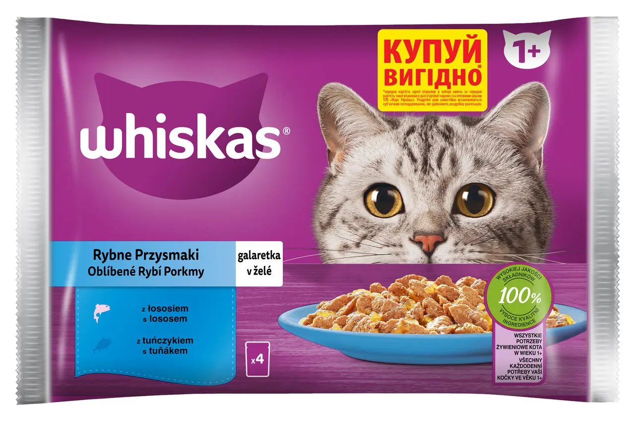 Whiskas паучи для кішок 85г*4шт (тунець/лосось в желе)1