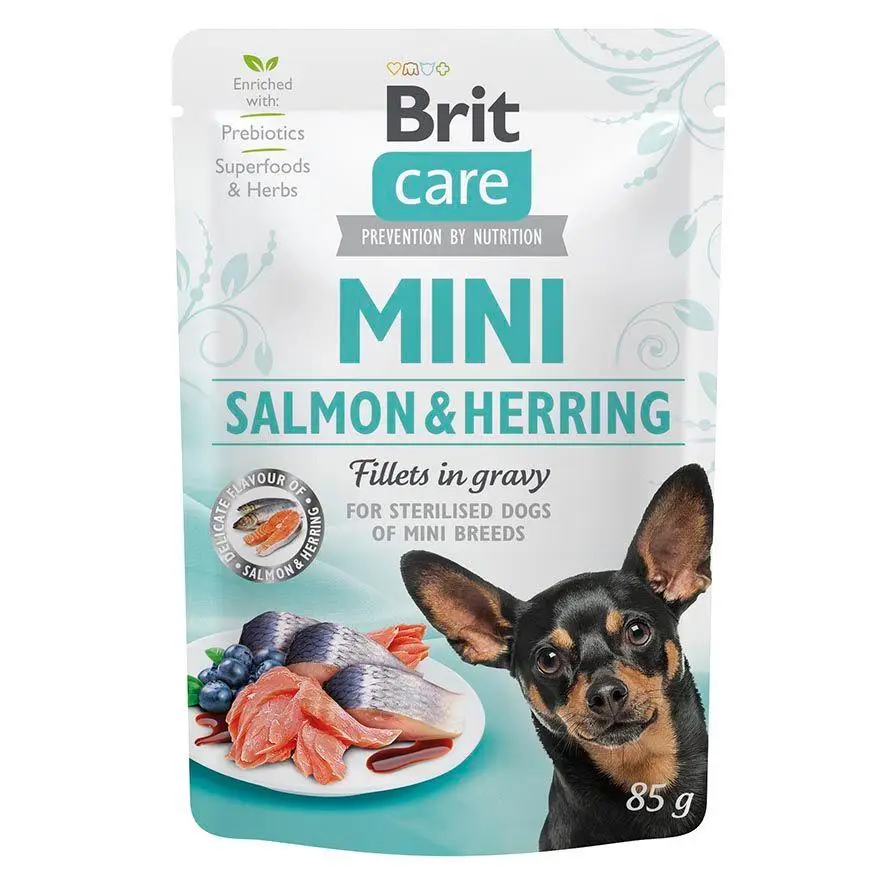 Brit Care Mini вологий корм для собак дрібних порід 85г (лосось і оселедець)1