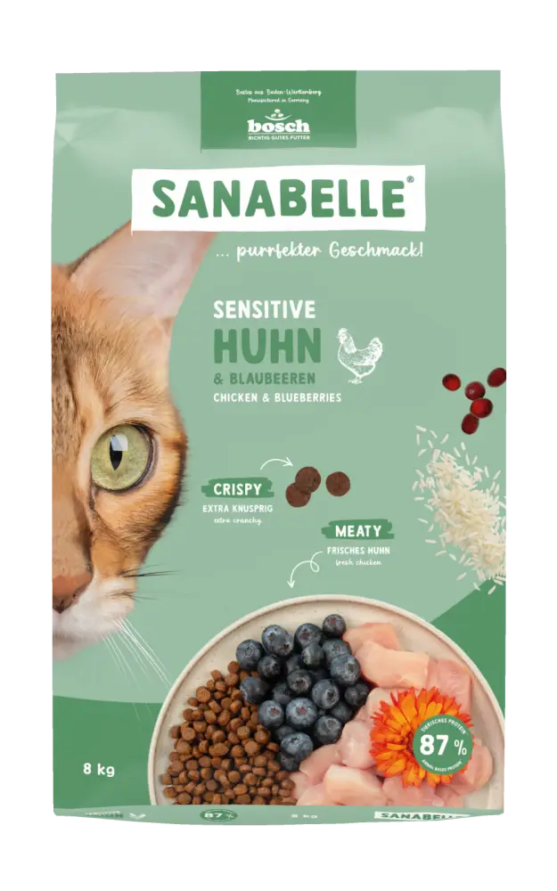 Bosch Sanabelle Purrfekter Sensitive Chicken 8 кг корм для кішок з куркою і чорницею1