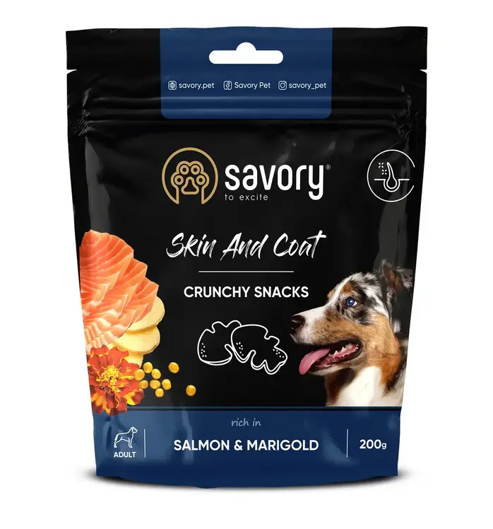 Savory Skin&Coat хрумкі ласощі для собак для здоров'я шкіри та вовни 200 г (лосось з чорнобривцями)1