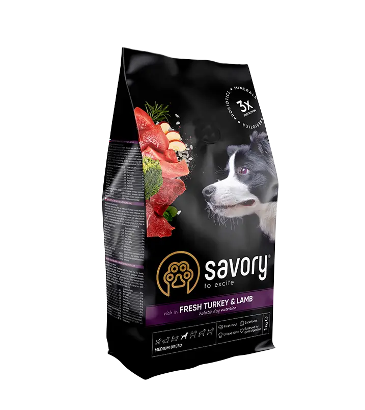 Savory корм холістік для собак середніх порід 1кг (індичка і ягня) 1