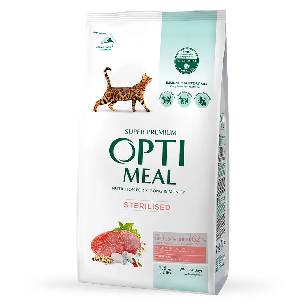 Optimeal корм для стеризованных кішок з яловичиною 1,5 кг1