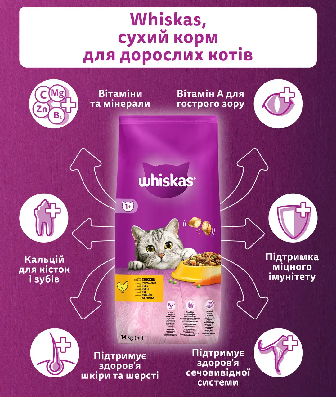 Whiskas Сухий корм для кішок смачні подушечки з куркою 14кг3
