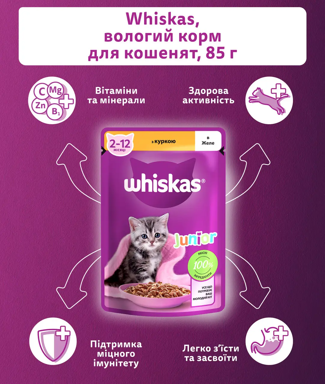 Whiskas паучі для кошенят 85г*28шт (курка в желе)3