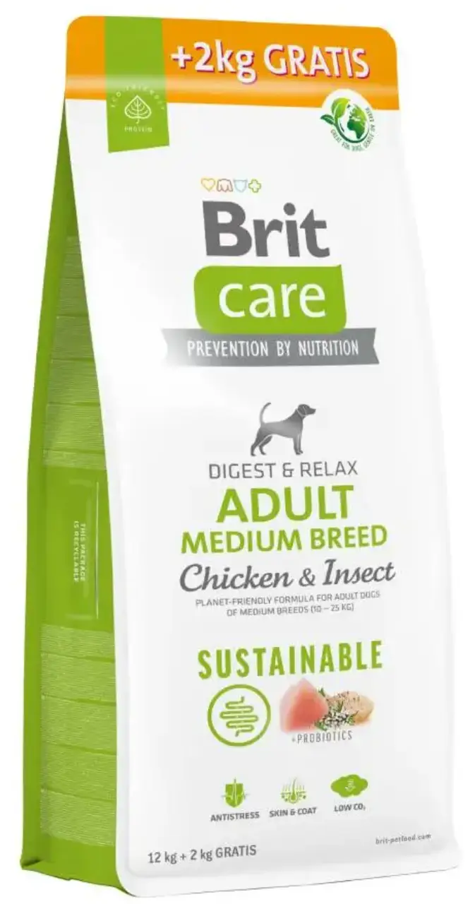 Brit Care Dog Sustainable Adult Medium 12кг+2кг для собак средних пород (курица и насекомые)1