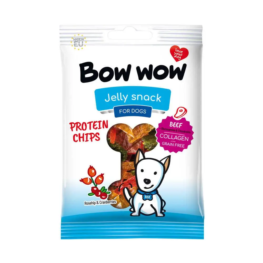 Bow wow Jelly snack протеиновые чипсы для собак с говядиной, шиповником, клюквой и коллагеном, 60 г1