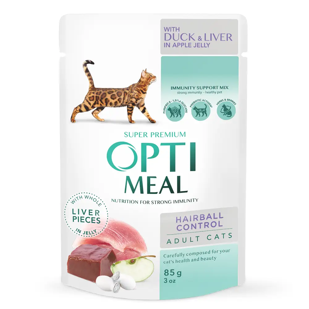 Optimeal Hairball паучі для кішок з ефектом виведення шерсті 85г*4 (качка з шматочками печінки в яблучному желе)6