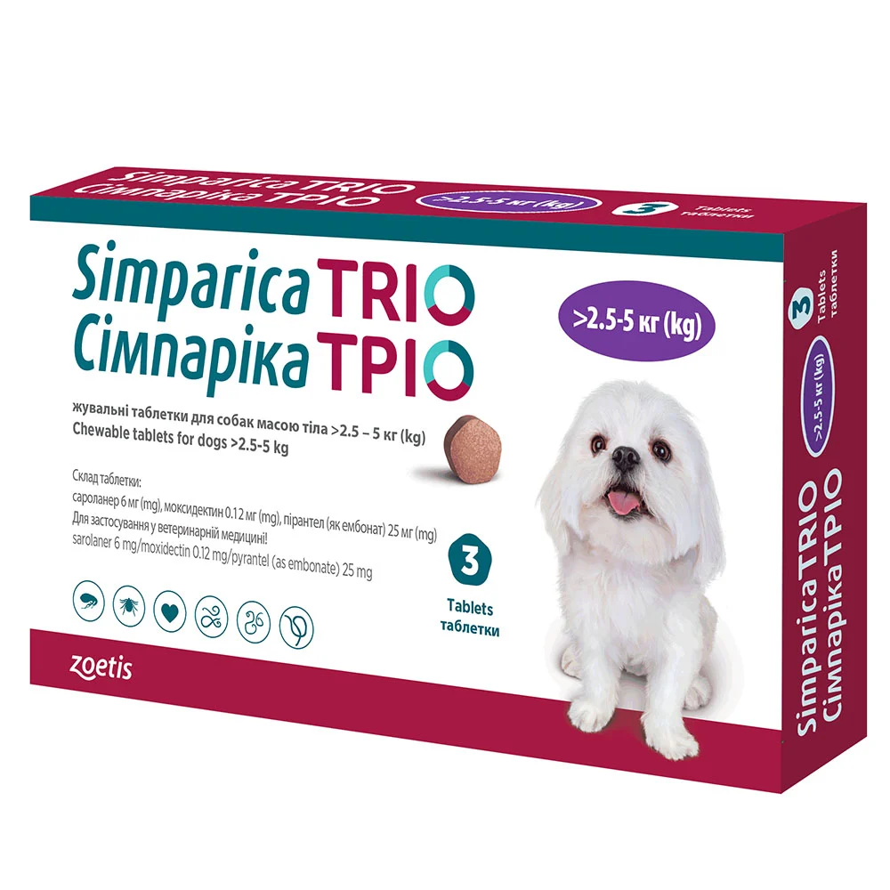 Simparica (Сімпарика) Тріо проти бліх та кліщів для собак вагою від 2.5 до 5 кг (3 табл.)1